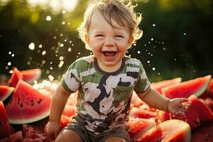 The child got watermelon all over his clothes and stained them photo