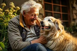 AI-generated bond between senior man and dog generates affectionate connection indoors photo