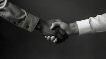 Business people complete treatment. Black and white image of business people shaking hands. photo