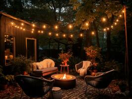 Beautiful night garden with cozy furniture and glowing garland in the evening. Autumn evening. photo