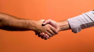 Men's handshake. Close-up image of two businessmen shaking hands over orange background. photo