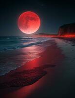 A mysterious beach at night, illuminated by a red moon, with the dark sea stretching out into the horizon. Ultra realistic. Generative AI photo