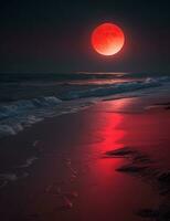 A mysterious beach at night, illuminated by a red moon, with the dark sea stretching out into the horizon. Ultra realistic. Generative AI photo