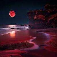 A mysterious beach at night, illuminated by a red moon, with the dark sea stretching out into the horizon. Ultra realistic. Generative AI photo