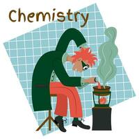 Red-headed high school chemistry teacher conducts classroom experiment in his lab. Chemistry class at school or university. Flat vector illustration.