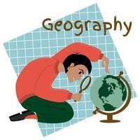 Young geography teacher teaches modern lesson. Student is examining globe through magnifying glass. Flat vector illustration.