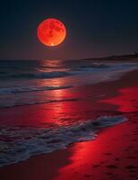 A mysterious beach at night, illuminated by a red moon, with the dark sea stretching out into the horizon. Ultra realistic. Generative AI photo