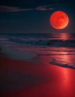 A mysterious beach at night, illuminated by a red moon, with the dark sea stretching out into the horizon. Ultra realistic. Generative AI photo