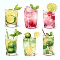 summer refreshing drinks watercolor set isolated on white, AI Generated photo