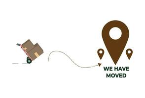 We've Moved sign indicating an office relocation. The clipart image is presented against a white background and prominently showcases a hand truck or dolly along with several boxes vector