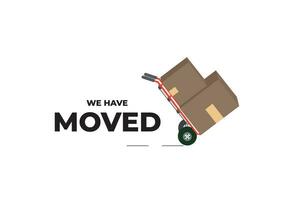 We've Moved sign indicating an office relocation. The clipart image is presented against a white background and prominently showcases a hand truck or dolly along with several boxes vector