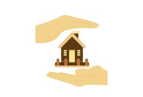 a home care icon in a clean and modern flat style. It features a hand holding a simple house symbol, symbolizing the concept of providing care and attention to homes. The illustration is set against vector