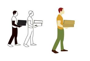 a man holding boxes in his hands, symbolizing the act of moving to a new office space, transitioning housing, or acquiring a new apartment. This depiction is presented through flat cartoon characters vector