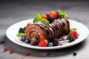 Chocolate Swiss Roll Cake coated with Chocolate Chips on table top, AI Generated photo