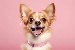 cute dog on pink background, AI Generated photo