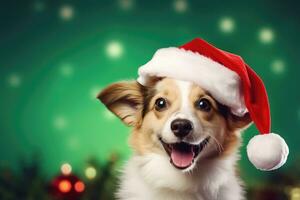 cute dog wearing santa hat on green background, AI Generated photo