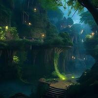 An ancient city hidden within a dense forest, with tree houses and winding bridges photo