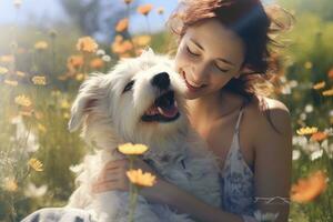 young adult woman holding her dog , outdoor autumn park, AI Generated photo