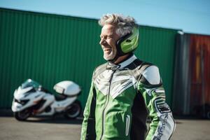 man wearing motorcycle gear and helmet, AI Generated photo