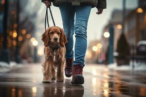dog walking with unrecognizable owner in city street crosswalk, AI Generated photo