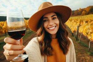 Caucasian woman drinking wine in vineyard , AI Generated photo