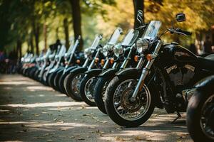 motos estacionado en el motos estacionamiento lote en reunión o evento, ai generado foto