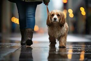 dog walking with unrecognizable owner in city street crosswalk, AI Generated photo