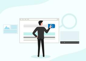 Businessman enters search bar with rounded corners Internet browser engine with search box, address bar and text fields. UI design. Website interface elements with web icons and buttons. vector