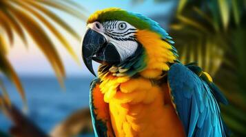 colorful blue, red and yellow Macaw in wild nature, AI Generated photo