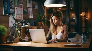 Girl with tattoo sitting with laptop photo