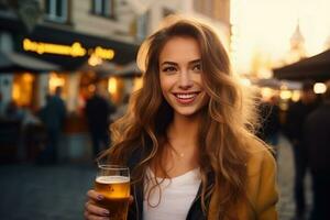 hermosa niña con cerveza vaso foto