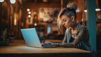 Girl with tattoo sitting with laptop photo