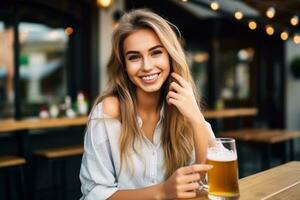 hermosa niña con cerveza vaso foto