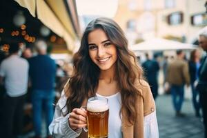 hermosa niña con cerveza vaso foto