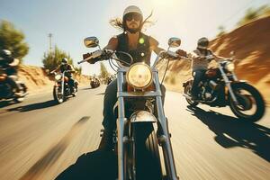 Group of bikers at group ride, AI Generated photo