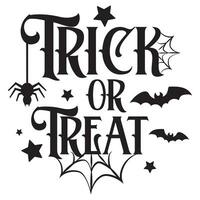 Trick or Treat quote. Halloween vector illustration with bats, spider and spiderwebs. Halloween typography style