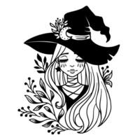 Beautiful witch in a classic hat with the moon and wild herbs on white background. Vector Halloween isolated illustration.