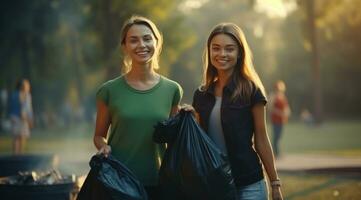 joven contento niña en pie con otro mujer participación basura pantalones en parque foto