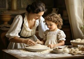 Mom and girl cooking together photo