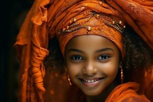 A young black woman with an orange turban over vivid background photo