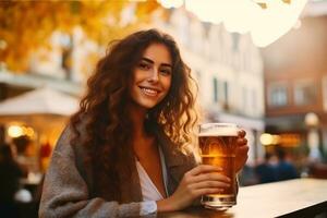 hermosa niña con cerveza vaso foto