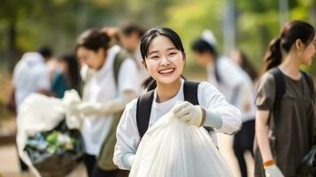 un grupo de personas son utilizando guantes a recoger arriba basura foto