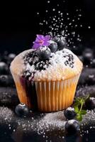 Blueberry cupcake with sugar powder photo