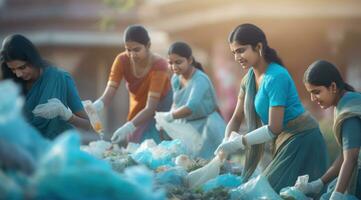 A group of women are using gloves to pick up trash photo