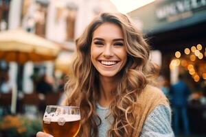 hermosa niña con cerveza vaso foto