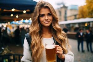 hermosa niña con cerveza vaso foto