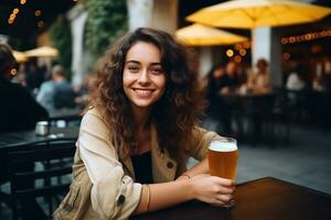 hermosa niña con cerveza vaso foto