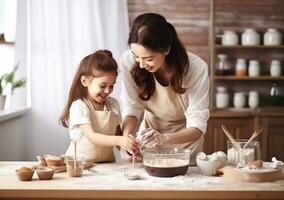 Mom and girl cooking together photo