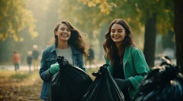Young happy girl standing with other woman holding garbage bags in park photo