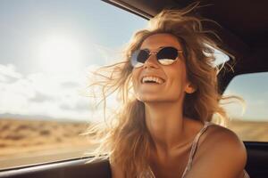 Woman traveling alone sitting in car , photo